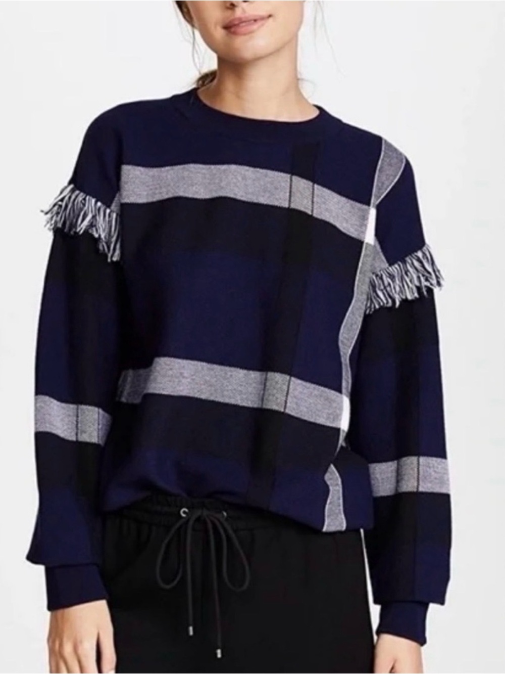 Tory Burch Navy and White Fringe-Trim Crewneck Wool Sweater